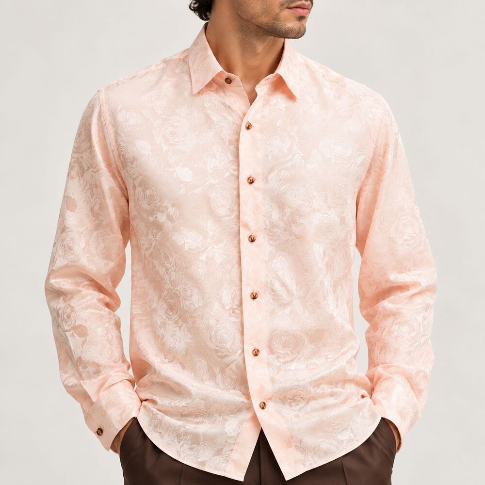 Mens Large Pink Floral Silky Long Sleeve Button Up Dress Shirt Wedding Formal